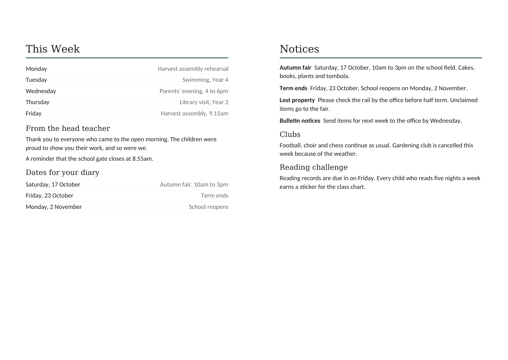 Weekly bulletin, half-fold, A4 — inside sheet, showing pages 2 and 3