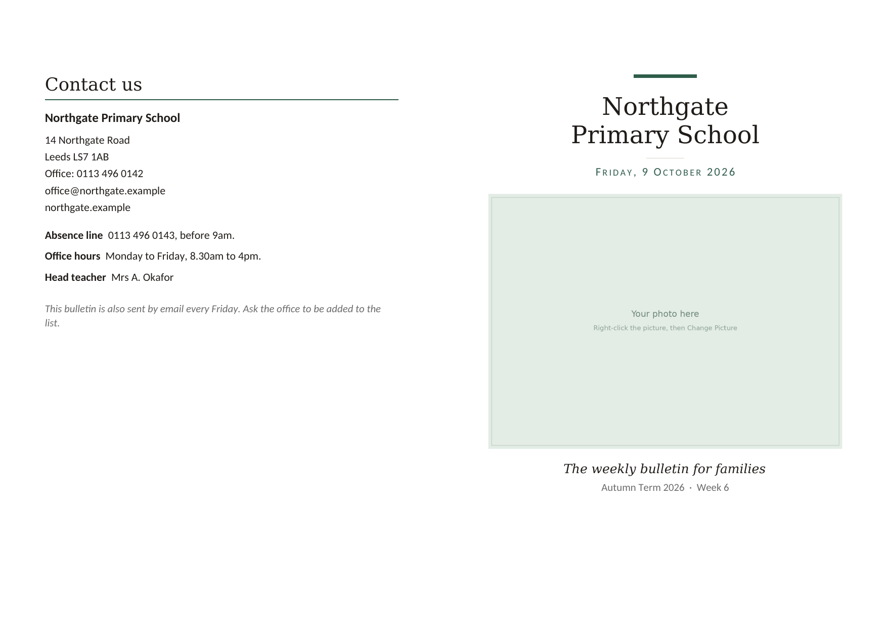 Weekly bulletin, half-fold, A4 — outside sheet, showing the back page on the left and the front cover on the right
