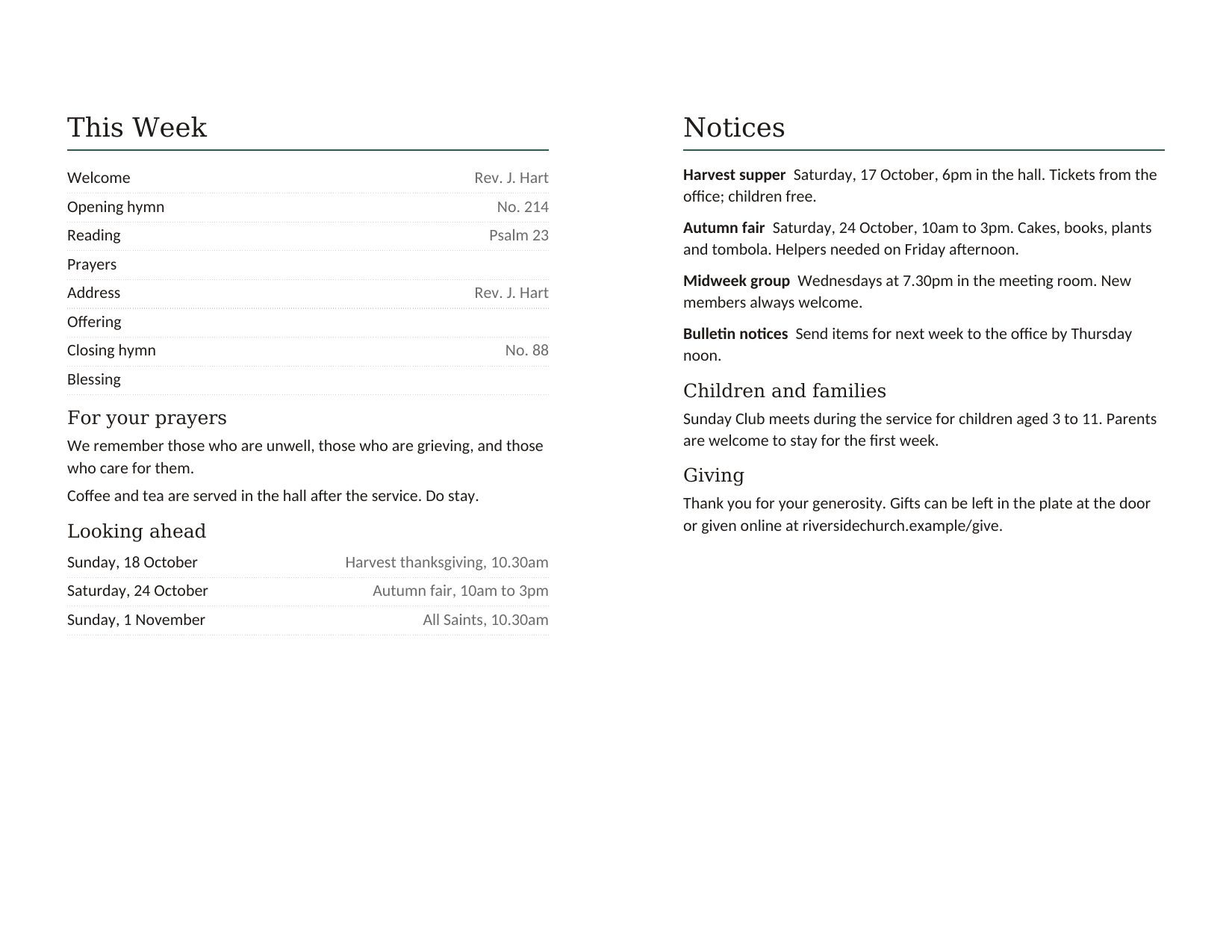 Weekly bulletin, half-fold, US Letter — inside sheet, showing pages 2 and 3