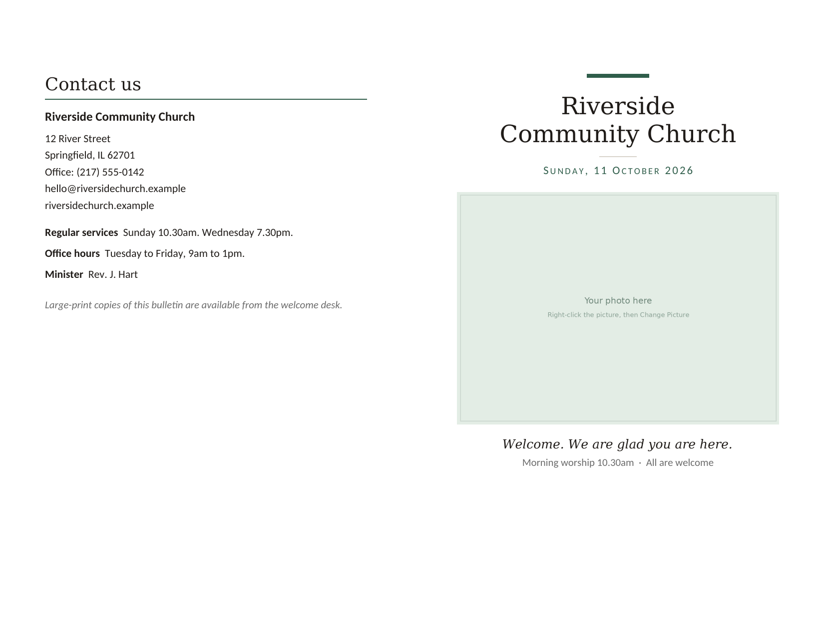 Weekly bulletin, half-fold, US Letter — outside sheet, showing the back page on the left and the front cover on the right